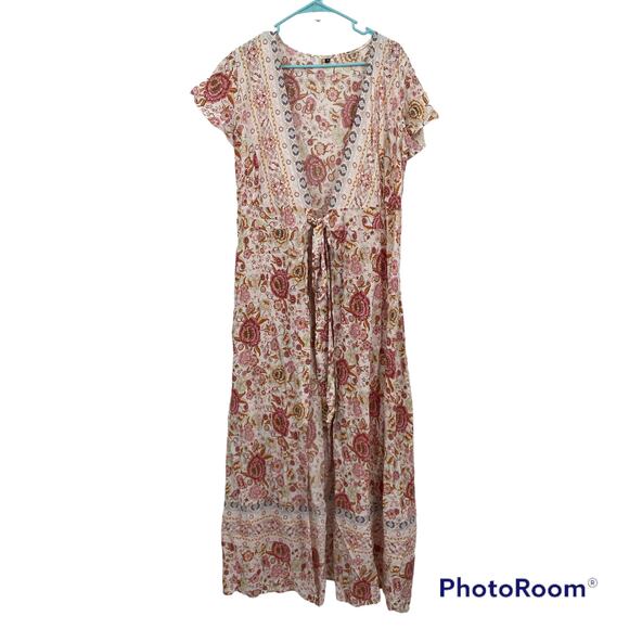 Unbranded Floral V-Neck Tie Open Front Coverup Maxi Dress Pink Size Medium - Picture 2 of 10